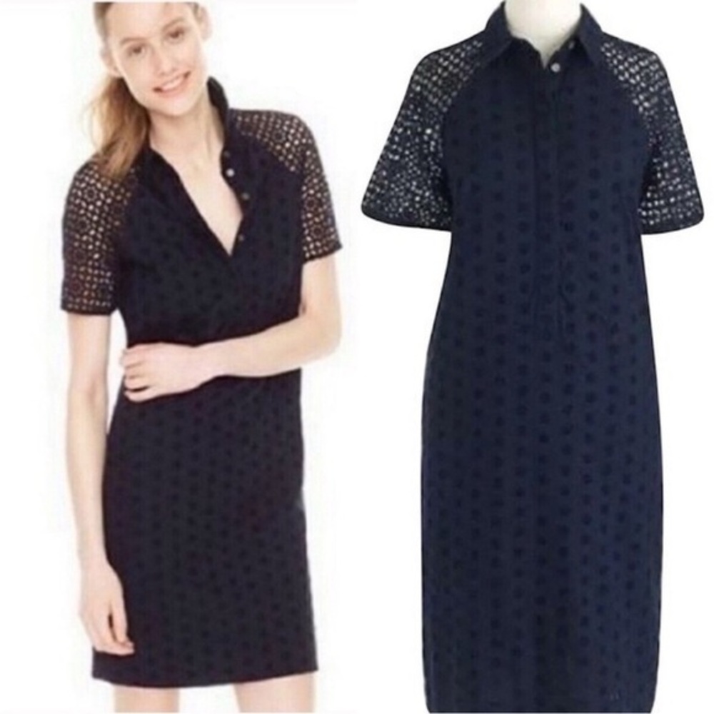J. Crew Eyelet Short Sleeve Button Down Midi Shirt Dress Navy Blue size 0
